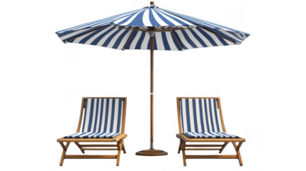 Two chairs and a beach umbrella featuring white and blue stripes, suggesting a tranquil vacation setting for relaxing, on a transparent background, PNG image, PNG file.