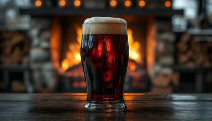 Dark Beer by a Fireplace