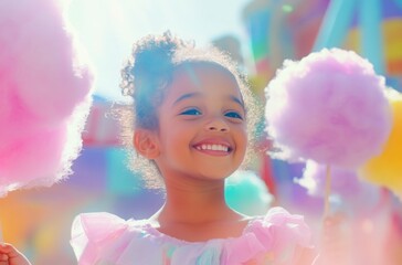 Candid photo of a cheerful child enjoying pastel cotton candy