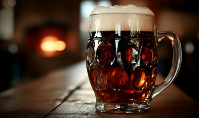 Dark Beer in a Glass Mug on Wooden Table near Fireplace