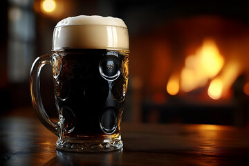 Dark Beer in a Mug by a Fireplace