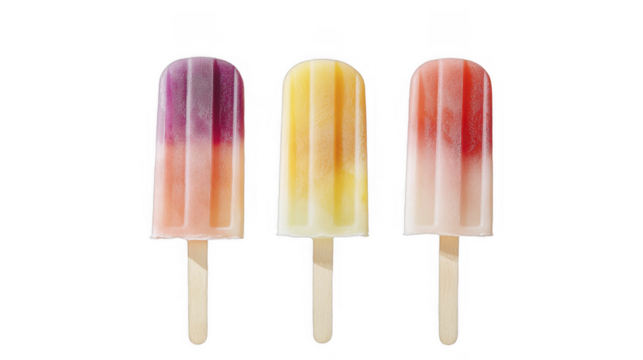 Three fruit flavored ice pops lined up, red, yellow, purple, on wooden sticks, refreshing summer snack, frozen juice, vibrant colors on a transparent background, PNG image, PNG file.