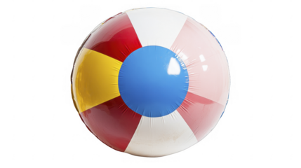 Inflatable striped beach ball with blue, red, yellow, and white panels for summer fun. on a transparent background, PNG image, PNG file.