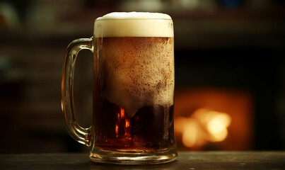 Dark Beer in a Mug by a Fireplace