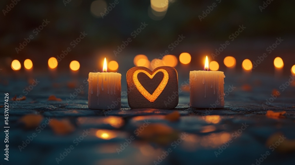 Poster lit candles with a heart symbol and blurred bokeh lights