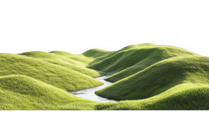 Rolling green hills covered in grass, a stream winding through, scenic landscape view, peaceful nature, serene setting on a transparent background, PNG image, PNG file.