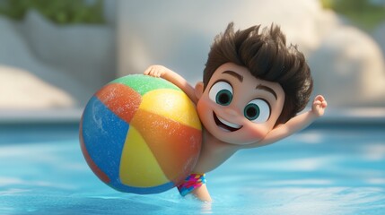 Happy cartoon boy playing with beach ball in swimming pool.