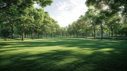 Obraz premium Park landscape with grass and trees under a bright, sunny sky