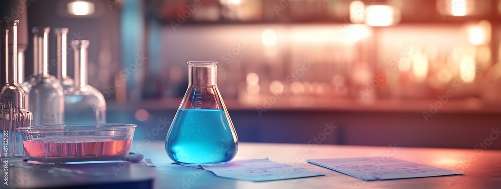 Poster blue liquid in erlenmeyer flask on lab counter with other glassware and blurred background.