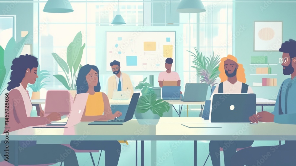 Poster diverse team collaborates in a modern, bright office space, using laptops and working together on pr