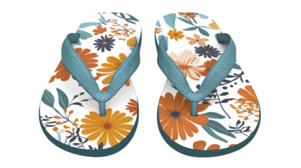 Pair of turquoise and floral patterned flip flops with a matching sole, showcasing summer footwear with botanical themes on a transparent background, PNG image, PNG file.
