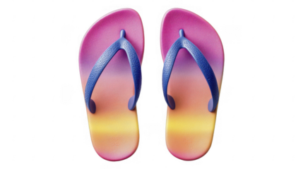 Two flip-flops with vibrant pink, orange, and yellow soles and blue straps, arranged side-by-side. footwear on a transparent background, PNG image, PNG file.