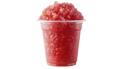 Icy red granita in clear plastic cup, refreshing summertime treat, sweet frozen shaved ice refreshment ready to drink, on a transparent background, PNG image, PNG file.