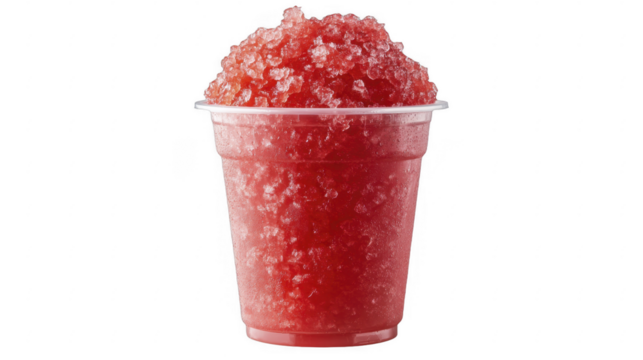 Icy red granita in clear plastic cup, refreshing summertime treat, sweet frozen shaved ice refreshment ready to drink, on a transparent background, PNG image, PNG file.