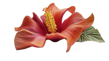 Vibrant, red hibiscus flower with detailed stamen and textured petals, showcasing tropical blossom aesthetic, on a transparent background, PNG image, PNG file.