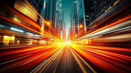 Fototapeta premium Urban Rush Hour: A dynamic shot of a modern metropolis comes alive with streaks of light as vehicles race through the city streets, depicting the fast-paced energy of urban life.