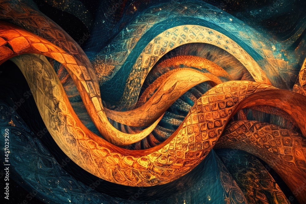 Poster swirling bands of textured patterns in warm oranges and cool blues create a cosmic, abstract, and vi