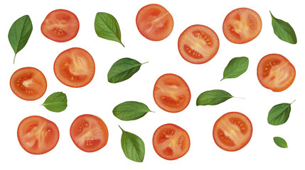 Scattered ripe sliced tomato halves with fresh basil leaves composition, top view arrangement and food ingredients concept on a transparent background, PNG image, PNG file.