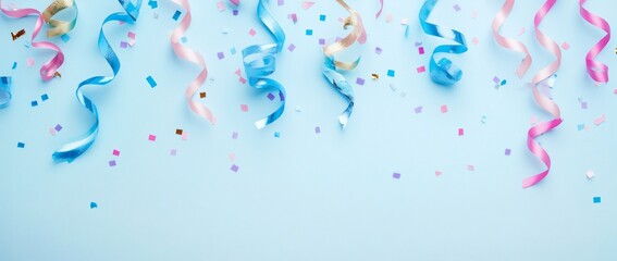 Festive pastel ribbons and confetti on a light blue background. (1)