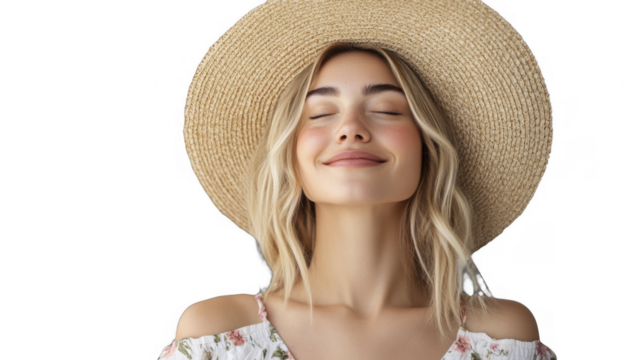 Smiling woman enjoying sunshine, eyes closed wearing straw hat, floral dress, summer vibes, blissful relaxation, soft lighting, happiness on a transparent background, PNG image, PNG file. - Powered by Adobe