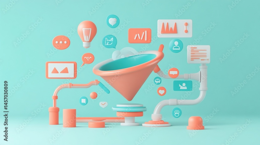 Aufkleber abstract 3d funnel with data analytics icons.