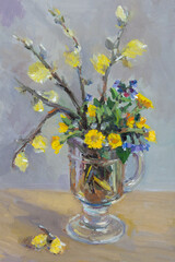 Bouquet of spring flowers oil painting. Yellow dandelions and purple flowers in a vase on the table. Original oil painting. Modern art, a hand-drawn painting. Layout for design greeting cards websites