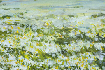 Chamomile meadow gouache painting. Summer white flowers close-up in a meadow. Original author's painting, illustration for notebooks sketchbooks, albums for creativity. Horizontal artistic composition