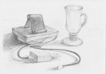 Pencil drawing of a still life. A mug, a book, and a phone charger. Student's still life from everyday objects. A quick sketch from life. Interior items on the table. Modern illustration on paper