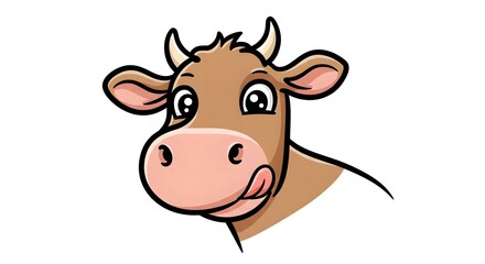 Cartoon Cow Head with Tongue Licking Its Nose on White Background