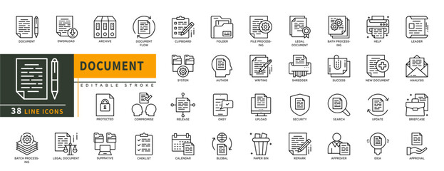Minimalist Document line icons set with editable stroke, featuring download, archive, document flow, printer, legal document, checklist, folder, cupboard, file progressing. thin linear illustration.