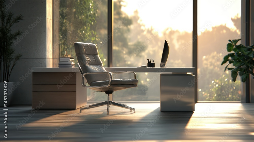 Poster modern office desk with computer and chair near a large window
