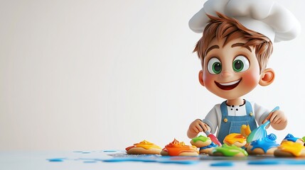 Happy cartoon chef boy decorating colorful cookies.
