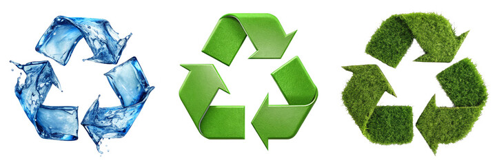 Recycling Symbols Collection – Water, Green, and Grass Textured Eco Icons on Transparent Background for Environmental Campaigns and Sustainability Graphics