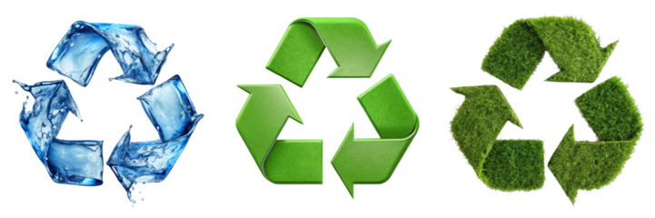 Recycling Symbols Collection – Water, Green, and Grass Textured Eco Icons on Transparent Background for Environmental Campaigns and Sustainability Graphics