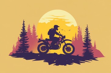 Cartoon adventure logo of a motorbike rider traveling through a scenic forest route with a glowing sun overhead