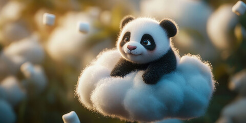 Adorable Panda Cub on Cotton Cloud Cute Animal Wallpaper