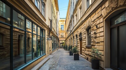 Alleyway in Budapest lined with glass-clad modern office buildings clean sleek design urban and dynamic professional backdrop. 