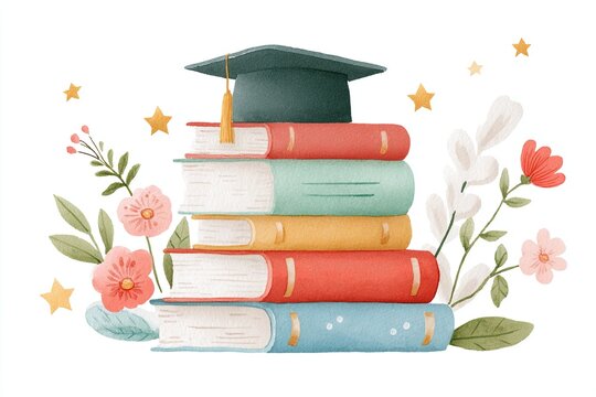 Colorful stack of books adorned with flowers and a graduation cap, symbolizing education and achievement, perfect for academic themes and celebration of learning