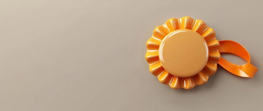 Orange rosette award with ribbon on beige background.