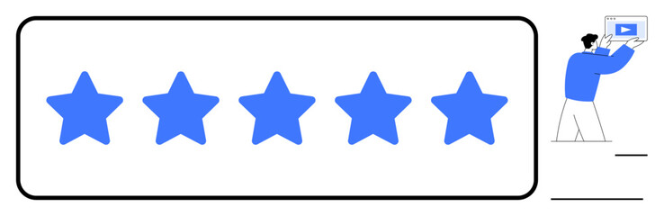 Obraz premium Five blue stars symbolize top-quality performance. A person holding a monitor represents evaluation and communication. Ideal for feedback, ratings, online reviews, customer satisfaction, trust