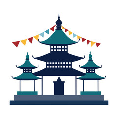 Buddhist Temple Silhouette with Prayer Flags