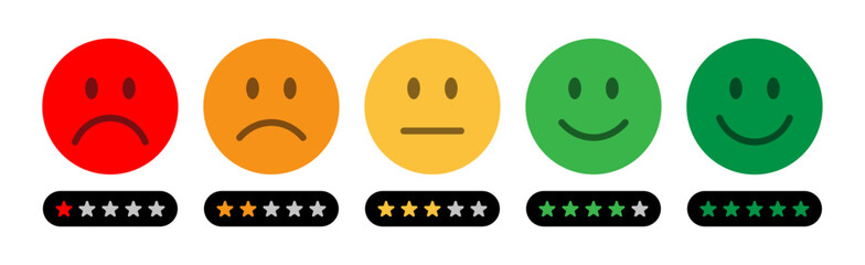 Smiley face icons showing feedback levels with star ratings. Customer satisfaction scale from very bad to excellent. Colorful emojis for review, survey, and user experience. Feedback, emoji, icons.