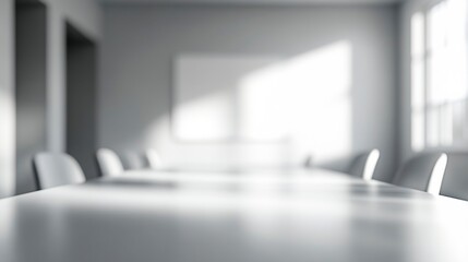 Blurry interior of a modern office meeting room soft lighting abstract furniture outlines neutral and clean background.  