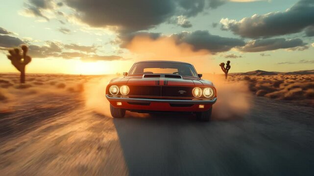 A red car is driving down a dusty road in the desert. The sun is setting in the background, casting a warm glow over the scene