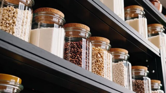 Kitchen organization: jars of grains and pasta neatly arranged on shelves in modern pantry