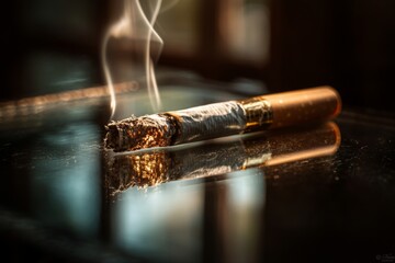 Lit cigarette on a dark, reflective surface with smoke plumes rising, highlighting addiction and health risks