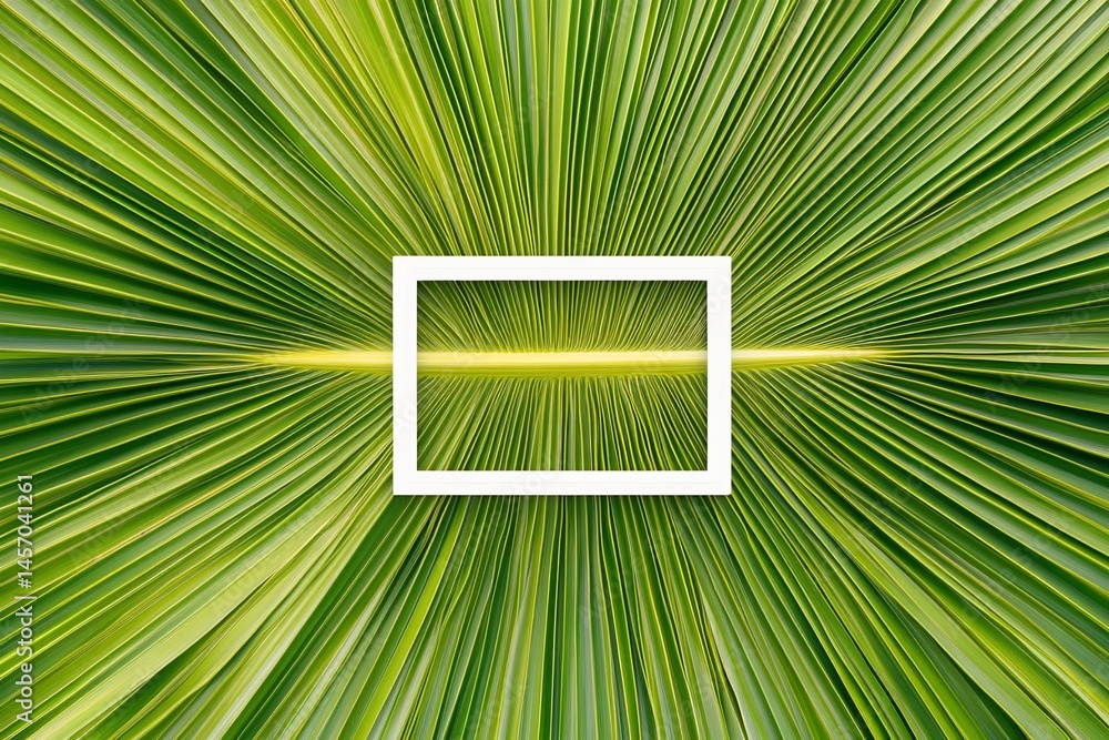 Poster white frame on vibrant green palm leaves radiating outwards, creating a dynamic, symmetrical pattern