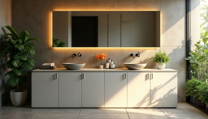 Modern Bathroom with Elegant Vanity and Large Mirror