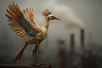Obraz premium Detailed sculpture of a strange avian-like creature with textured feathers and a long beak standing in industrial background.