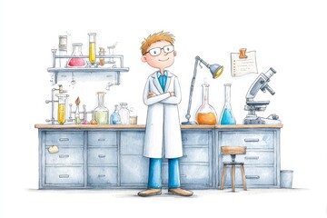 A Young Scientist's Watercolor Laboratory - A curious young scientist stands proudly in his well-equipped lab, symbolizing discovery, innovation, knowledge, experimentation, and future advancements